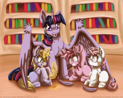 Size: 900x716 | Tagged: safe, artist:inuhoshi-to-darkpen, dinky hooves, ruby pinch, sweetie belle, twilight sparkle, alicorn, pony, g4, chest fluff, female, filly, magic, magic practice, magic training, mare, twilight sparkle (alicorn)