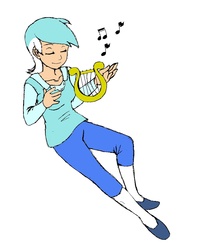 Size: 1080x1296 | Tagged: artist needed, safe, lyra heartstrings, human, g4, eyes closed, female, humanized, lyre, magic, music, music notes, simple background, smiling, solo, telekinesis, white background