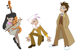 Size: 2500x1694 | Tagged: safe, artist:trinityinyang, doctor whooves, gilda, octavia melody, time turner, human, g4, blazer, bowtie, cello, clothes, converse, humanized, musical instrument, necktie, overcoat, pants, shirt, simple background, skirt, tenth doctor, transparent background, vector