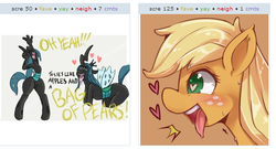 Size: 527x284 | Tagged: safe, applejack, queen chrysalis, changeling, changeling queen, earth pony, pony, g4, exploitable meme, female, heart, juxtaposition, juxtaposition win, mare, meme, open mouth, shivering, smiling, tongue out