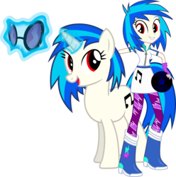 Size: 3605x3640 | Tagged: safe, artist:vector-brony, dj pon-3, vinyl scratch, human, pony, unicorn, equestria girls, g4, female, glowing horn, hooves, horn, human ponidox, levitation, magic, mare, open mouth, record, self paradox, self ponidox, simple background, smiling, solo, square crossover, sunglasses, teeth, telekinesis, transparent background, vector