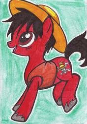 Size: 1162x1642 | Tagged: safe, artist:tantei-fox03, pony, monkey d. luffy, one piece, ponified, solo, traditional art