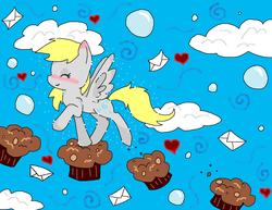 Size: 2312x1784 | Tagged: safe, artist:lizfoxyartis, derpy hooves, pegasus, pony, g4, cloud, cloudy, female, food, heart, mail, mare, muffin, solo