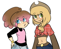 Size: 520x421 | Tagged: safe, artist:php9, applejack, pinkie pie, human, g4, belly button, clothes, humanized, midriff, natural hair color, tank top