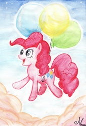Size: 3146x4599 | Tagged: safe, artist:amyraia, pinkie pie, g4, balloon, female, solo, then watch her balloons lift her up to the sky