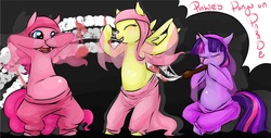 Size: 1605x817 | Tagged: safe, artist:cnat, fluttershy, pinkie pie, twilight sparkle, g4, belly dancer, chubby, crossover