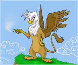 Size: 734x620 | Tagged: safe, artist:jaylacinechiboa, gilda, griffon, g4, bipedal, cigarette, female, looking at you, sky, smiling, smoking, solo, spread wings