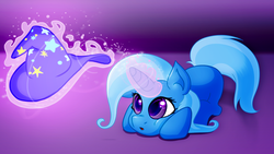 Size: 1024x576 | Tagged: safe, artist:warpout, trixie, pony, unicorn, g4, :o, blank flank, cute, diatrixes, eyes on the prize, female, filly, hat, magic, mare, prone, solo, telekinesis