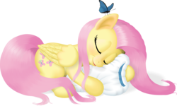 Size: 3711x2230 | Tagged: safe, artist:bluespaceling, fluttershy, butterfly, g4, female, pillow, simple background, sleeping, solo, transparent background, vector