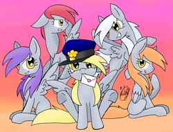 Size: 1000x762 | Tagged: safe, artist:kiddysa-bunnpire, derpy hooves, flutter doo, frosty dew, orange box, ski doo, pegasus, pony, g4, background pony, blank flank, female, hat, letter, mail, mare, mouth hold, recolor