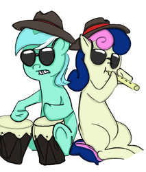 Size: 412x484 | Tagged: source needed, safe, artist:furseiseki, bon bon, lyra heartstrings, sweetie drops, g4, blues brothers, bongos, musical instrument, recorder, sunglasses