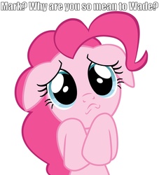 Size: 2132x2345 | Tagged: safe, pinkie pie, g4, cute, female, floppy ears, image macro, looking at you, lordminion777, mark, markiplier, pouting, sad, simple background, solo, wade, white background