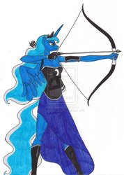 Size: 754x1059 | Tagged: dead source, safe, artist:13foxywolf666, princess luna, anthro, g4, archer, archery, arrow, bow (weapon), bow and arrow, female, solo, watermark, weapon