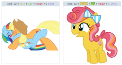 Size: 530x283 | Tagged: safe, applejack, rainbow dash, oc, g4, exploitable meme, female, juxtaposition, juxtaposition win, lesbian, meme, ship:appledash, shipper on deck, shipping