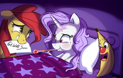 Size: 1121x712 | Tagged: safe, artist:pepooni, oc, oc only, oc:peppy pines, pony, unicorn, backwards thermometer, banana, bed, blushing, get well card, get well soon, note, sick, thermometer