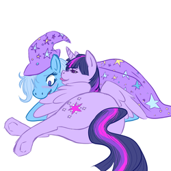 Size: 1000x1000 | Tagged: safe, artist:yurihooves, trixie, twilight sparkle, alicorn, pony, g4, blushing, female, lesbian, licking, mare, on side, ship:twixie, shipping, twilight sparkle (alicorn), wing bite