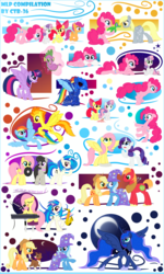 Size: 1880x3133 | Tagged: safe, artist:ctb-36, apple bloom, applejack, big macintosh, derpy hooves, dj pon-3, fluttershy, gummy, octavia melody, pinkie pie, princess luna, rainbow dash, rarity, scootaloo, spike, spitfire, sweetie belle, trixie, twilight sparkle, vinyl scratch, winona, alicorn, pony, g4, armor, cape, clothes, cutie mark crusaders, female, flying, hat, ice cream, keyboard, magic, mane seven, mane six, mare, microphone, moon, mouth hold, musical instrument, night, pillow, record, saxophone, singing, twilight sparkle (alicorn)