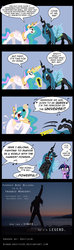 Size: 600x2032 | Tagged: safe, artist:niban-destikim, princess celestia, queen chrysalis, twilight sparkle, alicorn, changeling, pony, unicorn, g4, a kind of magic, blushing, come at me bro, comic, feather, female, freddie mercury, highlander, lip bite, mare, microphone, music notes, princes of the universe, queen (band), singing, song reference, sweat, unicorn twilight, wat