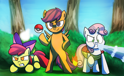 Size: 1485x910 | Tagged: safe, artist:anticular, apple bloom, scootaloo, sweetie belle, bulbasaur, charmander, pegasus, pony, squirtle, g4, bipedal, crossover, cutie mark crusaders, female, filly, no pupils, pokefied, pokémon