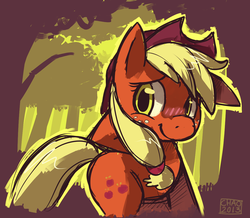 Size: 1154x1008 | Tagged: safe, artist:sharmie, applejack, earth pony, pony, g4, blushing, cute, female, jackabetes, one ear down, raised hoof, solo, tree