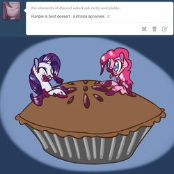 Size: 1000x1000 | Tagged: safe, artist:rastaquouere69, pinkie pie, rarity, ask rarity and pinkie, g4, female, food, lesbian, messy, micro, pie, ship:raripie, shipping, tumblr