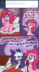 Size: 1000x1819 | Tagged: safe, artist:rastaquouere69, pinkie pie, rarity, ask rarity and pinkie, g4, ask, bed, bed mane, breakfast in bed, cooking, female, lesbian, morning ponies, pancakes, ship:raripie, shipping, tired