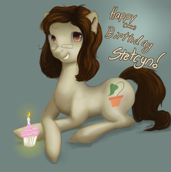 Size: 2826x2839 | Tagged: safe, oc, oc only, earth pony, pony, birthday present, cupcake, glasses, solo