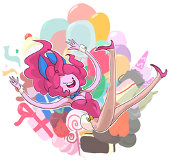Size: 1280x1228 | Tagged: dead source, safe, artist:twitchykismet, pinkie pie, human, g4, adventure time, armpits, ass, balloon, bunny suit, butt, clothes, costume, cuffs (clothes), cutie mark on human, female, high heels, humanized, leotard, male, pantyhose, playboy bunny, ponified, solo, style emulation