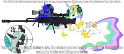 Size: 1346x594 | Tagged: safe, artist:gilgondorin, princess celestia, princess luna, queen chrysalis, alicorn, pony, g4, as50, female, gun, hooves, horn, image macro, knife, lying down, mare, open mouth, optical sight, rifle, simple background, sniper rifle, text, the professional, weapon, white background, wings