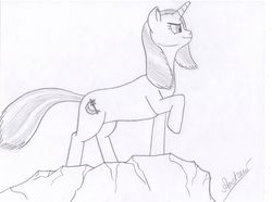 Size: 3378x2518 | Tagged: safe, artist:klarkkentthe3rd, trixie, pony, unicorn, g4, female, mare, monochrome, smiling, solo, traditional art