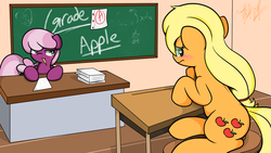 Size: 1920x1080 | Tagged: safe, artist:lightningnickel, applejack, cheerilee, g4, bedroom eyes, blushing, cover art, fanfic, female, lesbian, shipping