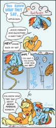 Size: 1460x3313 | Tagged: safe, artist:redapropos, applejack, rainbow dash, g4, bondage, bound wings, cloud, comic, dialogue, prank, rope