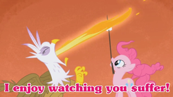 Size: 682x384 | Tagged: safe, edit, edited screencap, screencap, gilda, pinkie pie, earth pony, griffon, pony, g4, griffon the brush off, eyes closed, female, fire, fire breath, frown, grin, hot, image macro, mare, marshmallow, meme, mouth hold, pink text, pinkie being pinkie, schadenfreude, smiling, spicy, text, windswept mane