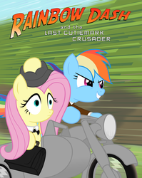 Size: 3618x4535 | Tagged: dead source, safe, artist:balintka96, fluttershy, rainbow dash, g4, clothes, indiana jones, motorcycle, ponified, poster