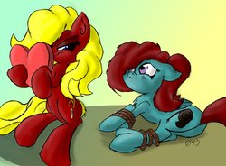 Size: 1280x944 | Tagged: safe, artist:093, oc, oc only, oc:caitriona, oc:sparky, earth pony, pegasus, pony, belly button, bondage, butt, candy, chocolates, duo, duo female, female, force feeding, freckles, lidded eyes, lying down, mare, on side, plot, rope, sequence, sitting, smiling, weight gain