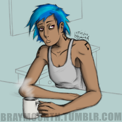 Size: 900x900 | Tagged: safe, artist:braymounth, dj pon-3, vinyl scratch, human, g4, coffee, female, humanized, solo, tired