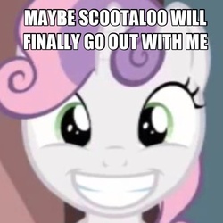 Size: 512x512 | Tagged: safe, scootaloo, sweetie belle, g4, female, happy, image macro, lesbian, meme, ship:scootabelle, shipping, solo, text