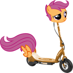 Size: 704x702 | Tagged: safe, scootaloo, g4, female, pun, raised eyebrow, scooter, scooterloo, simple background, smiling, solo, transparent background, visual pun, wat, what has science done
