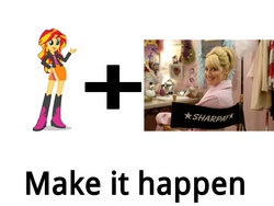 Size: 4000x3000 | Tagged: safe, sunset shimmer, human, equestria girls, g4, exploitable meme, female, high school musical, irl, irl human, make it happen, meme, photo, sharpay evans, text