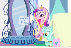 Size: 1440x975 | Tagged: safe, artist:dm29, lyra heartstrings, princess cadance, g4, camping, duo, female, filly, filly lyra, hourglass, humie, magic mirror, mirror, saddle bag, tent, younger