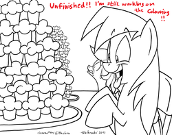 Size: 1000x787 | Tagged: safe, artist:tobibrocki, derpy hooves, rainbow dash, pegasus, pony, g4, eating contest, female, grayscale, happy, lineart, mare, monochrome, muffin, nervous, sweatdrop, tongue out, wip