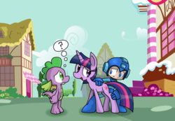 Size: 850x587 | Tagged: artist needed, source needed, useless source url, safe, spike, twilight sparkle, g4, :<, crossover, frown, mega man (series), question mark, scared