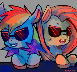 Size: 1116x1052 | Tagged: safe, artist:cherivinca, fluttershy, rainbow dash, g4, sunglasses, swag