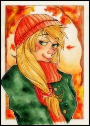 Size: 1754x2465 | Tagged: safe, artist:killa7, applejack, human, g4, autumn, clothes, female, hat, humanized, scarf, solo, traditional art