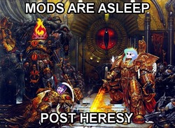 Size: 804x587 | Tagged: safe, edit, princess celestia, principal celestia, sunset shimmer, twilight sparkle, equestria girls, g4, god-emperor of mankind, heresy, heresy thread, horus heresy, humanized, image macro, mods are asleep, sunset satan, warhammer (game), warhammer 30k, warhammer 40k