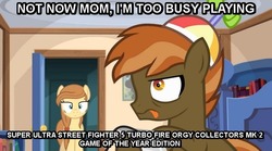 Size: 767x426 | Tagged: safe, button mash, oc, oc:cream heart, earth pony, pony, g4, colt, earth pony oc, female, foal, image macro, male, mare, mother and child, mother and son, street fighter