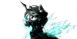 Size: 2071x1053 | Tagged: safe, artist:junkiekb, queen chrysalis, changeling, changeling queen, g4, armor, badass, female, gas mask, hazmat suit, hood, solo