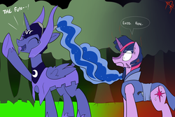 Size: 1280x853 | Tagged: safe, artist:cymek, princess luna, twilight sparkle, g4, anti-mage, crossover, dota 2, forest, luna the moon rider