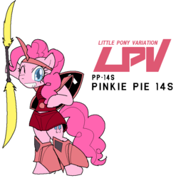 Size: 780x788 | Tagged: safe, artist:tetsutowa, pinkie pie, earth pony, pony, g4, bipedal, female, gelgoog, gundam, little pony variation, mecha, simple background, solo, white background