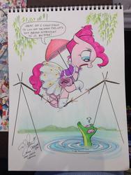 Size: 852x1136 | Tagged: safe, artist:andypriceart, gummy, pinkie pie, alligator, earth pony, pony, g4, alternate hairstyle, balancing, clothes, crossover, disney, dress, floppy ears, hoof gloves, hoof shoes, moon pie, parody, question mark, stretching portrait, the haunted mansion, tightrope, traditional art, umbrella